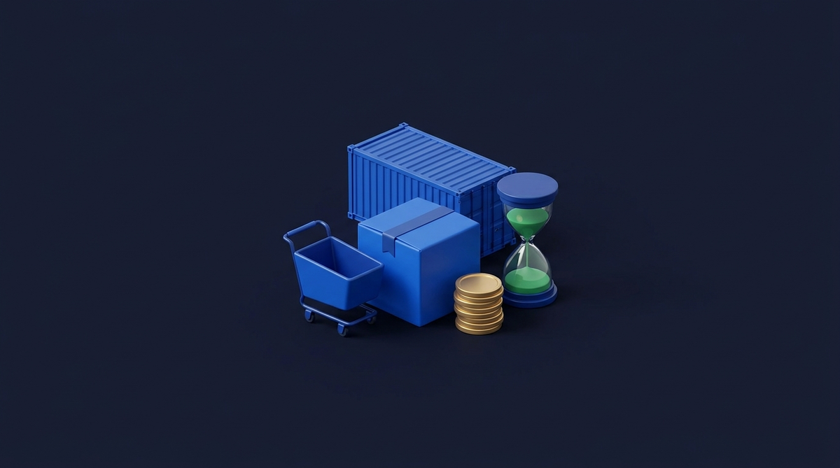 Isometric illustration of a shipping container, delivery parcel, shopping trolley, stack of gold coins and an hourglass, representing cash tied up in ecommerce stock and shipping