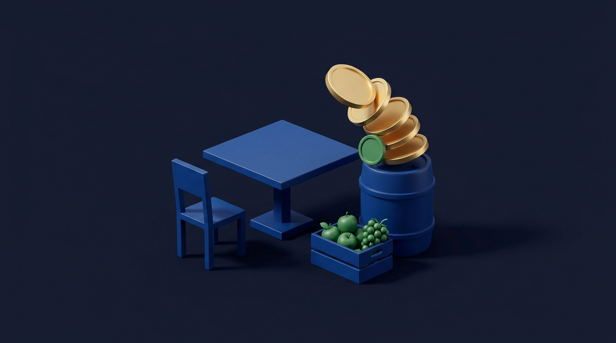 Isometric illustration of a restaurant table, chair and crate of produce beside a barrel topped with gold coins, representing hospitality cash flow
